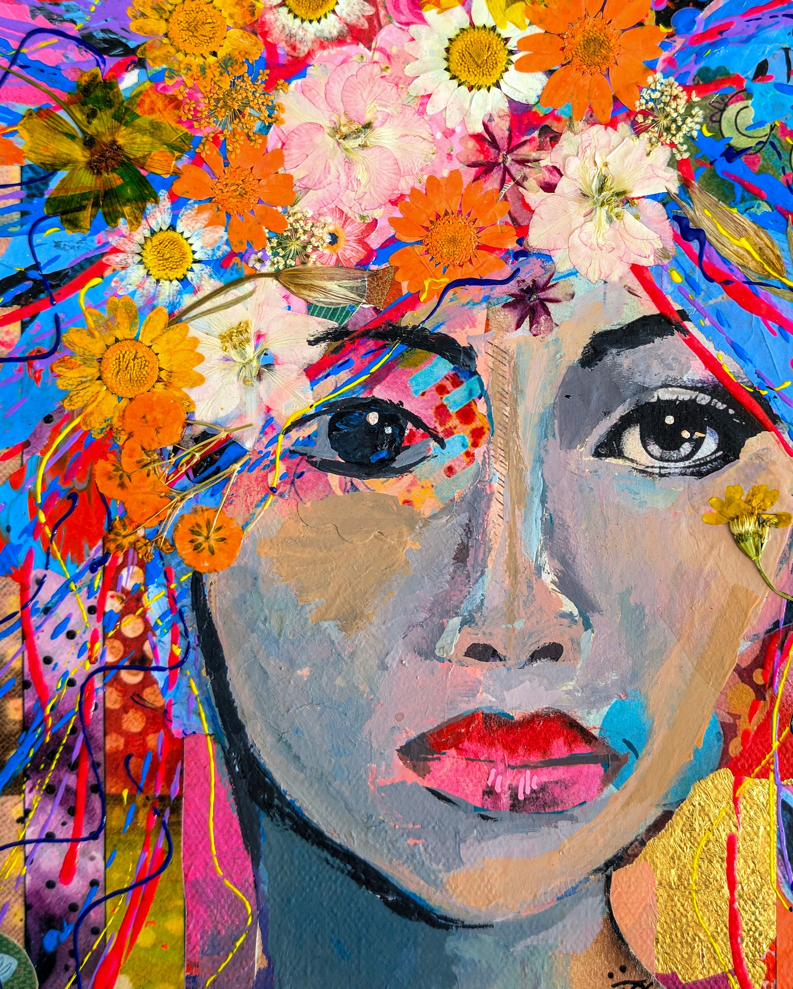 This is a close up image of a woman's face with flowers and abstract elements comprising her hair. Her eyes are dark and her lips a dark pink.