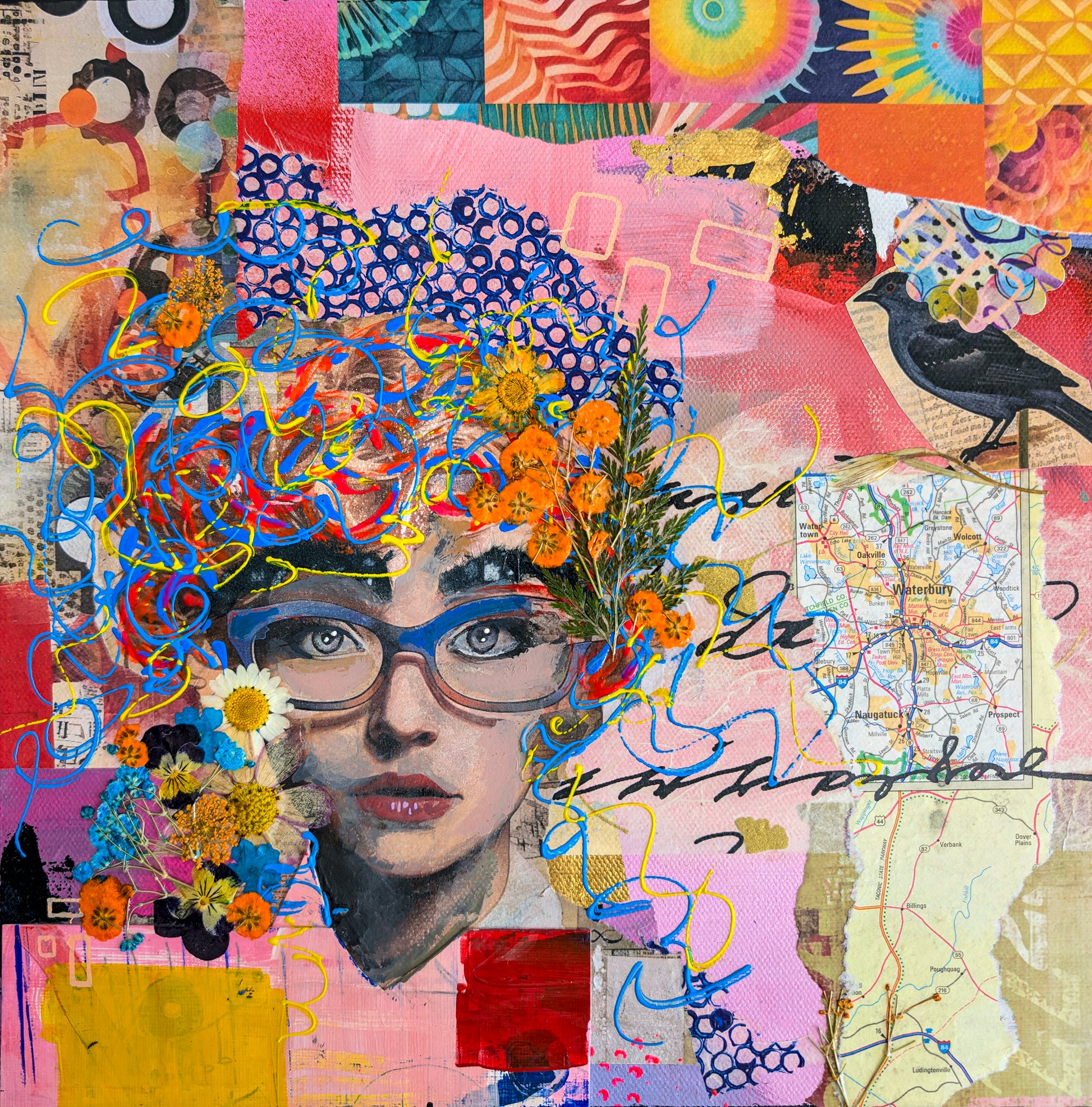 Collage art with colorful patterns, flowers, and a map as background for a portrait of a woman wearing large reading glasses. Here hair is comprised of flowers, strings and patterned images.
