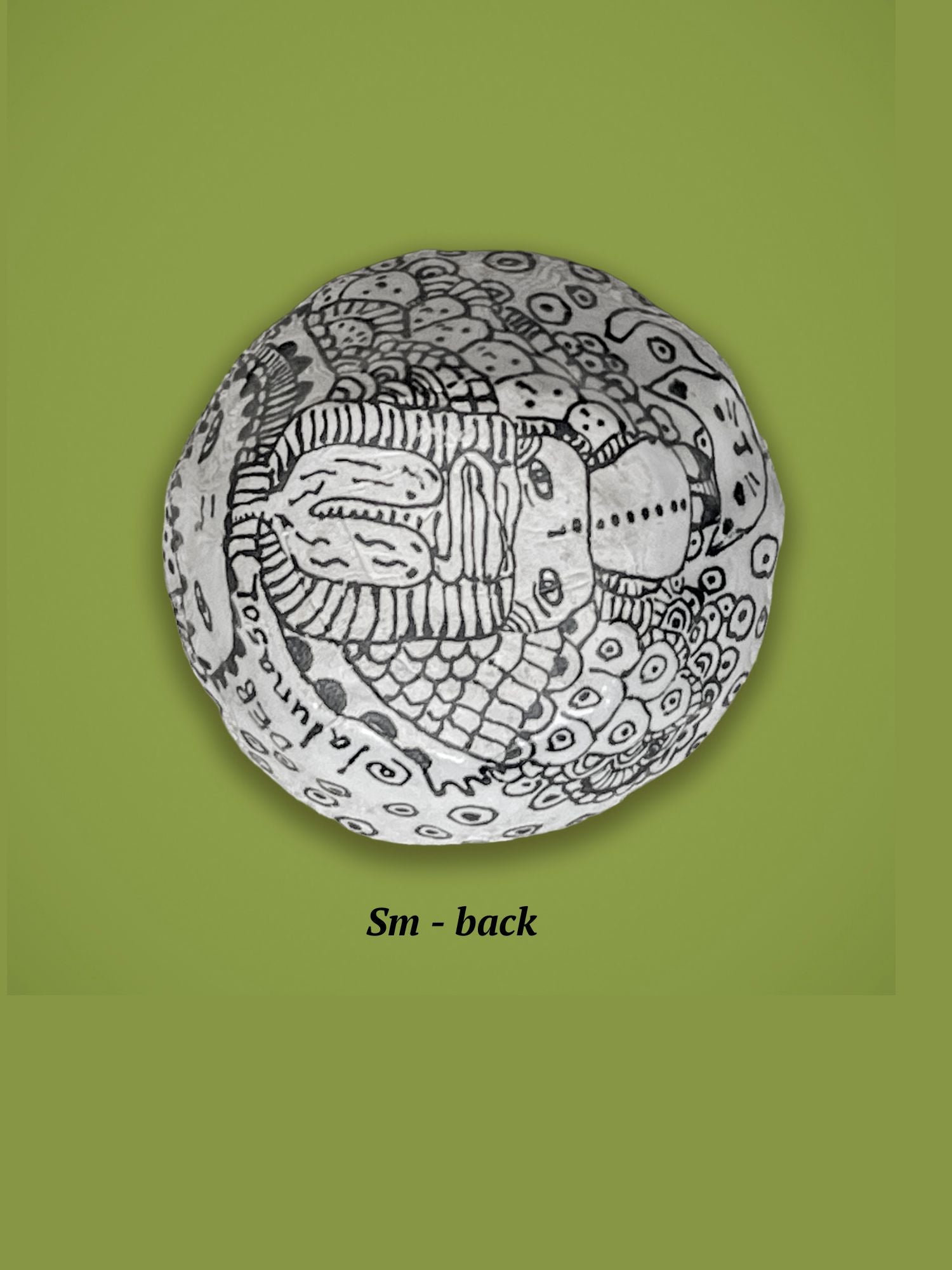 Backside of the previous bowl with intricate black patterns of a child. The signature @lalunasol appears on the bowl.