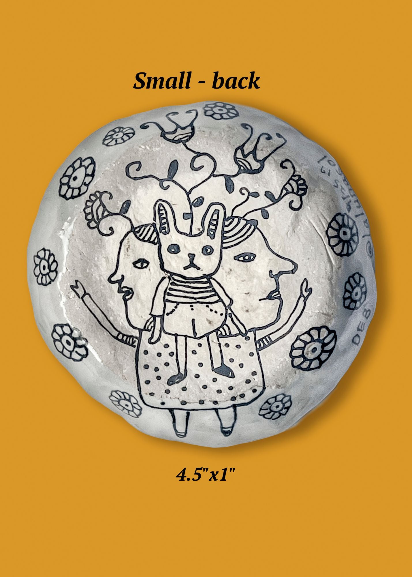 Back version of ceramic bowl with eclectic ink-drawn designs of animals, flowers, geometrics; artist Deb Blanco; 4.5" x 1"