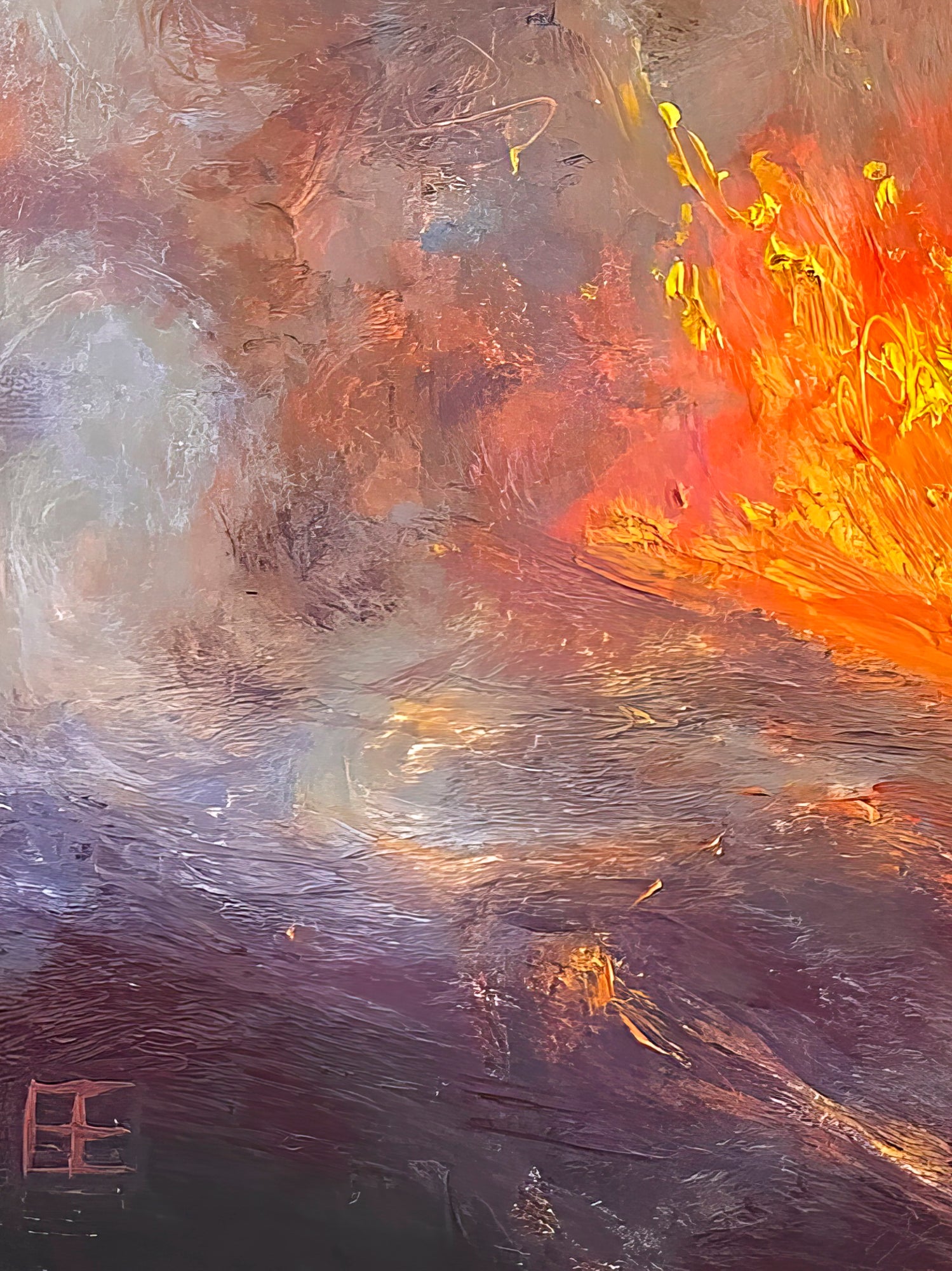 This close of the hill and fire shows the amount of layering and blending of the oil paint to create the fire and smoke.