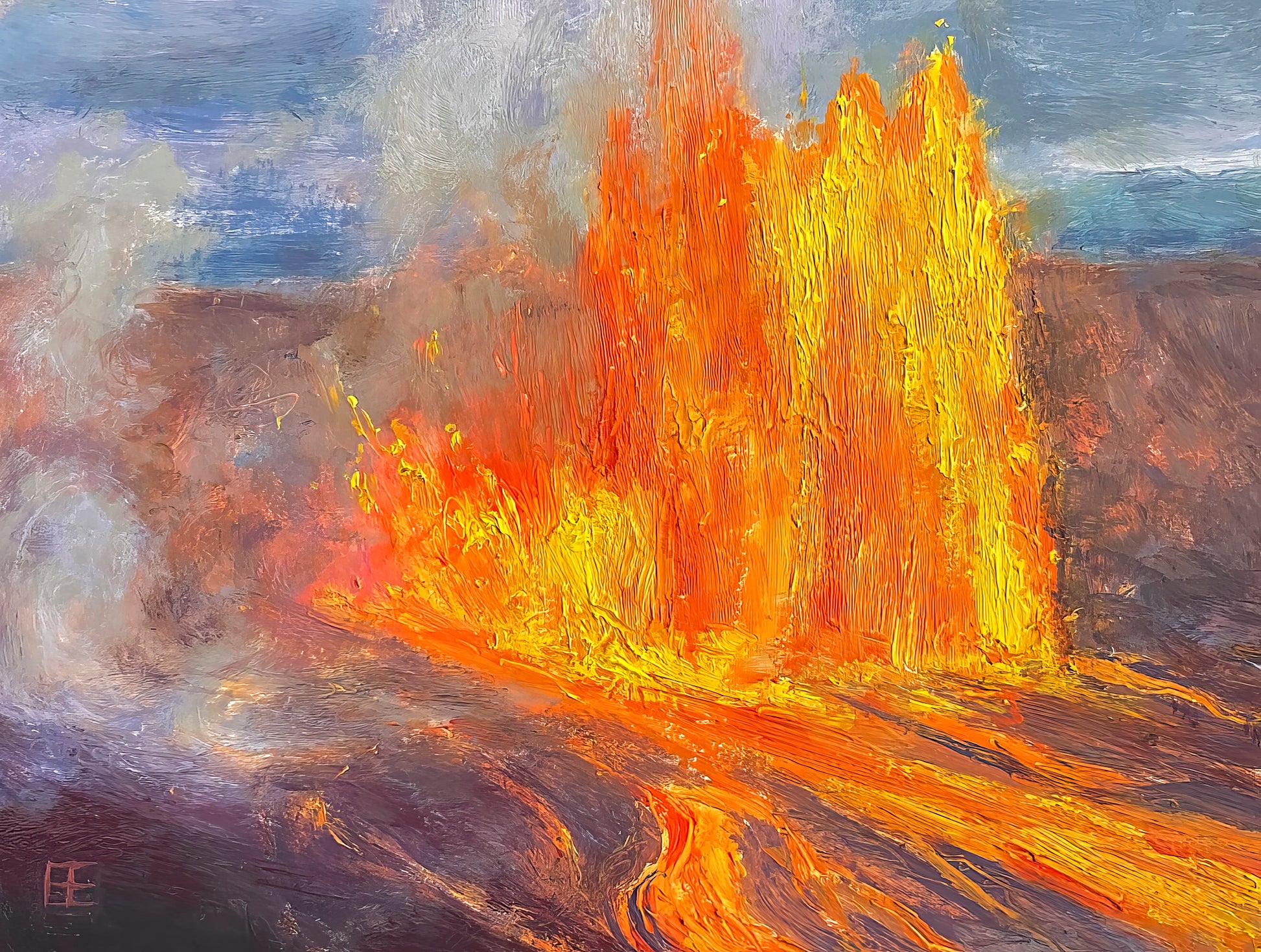 A bright orange and yellow showering of flames exude from the ground with flowing lava and a background of hill and sky. A white smoky mist surrounds the eruption.