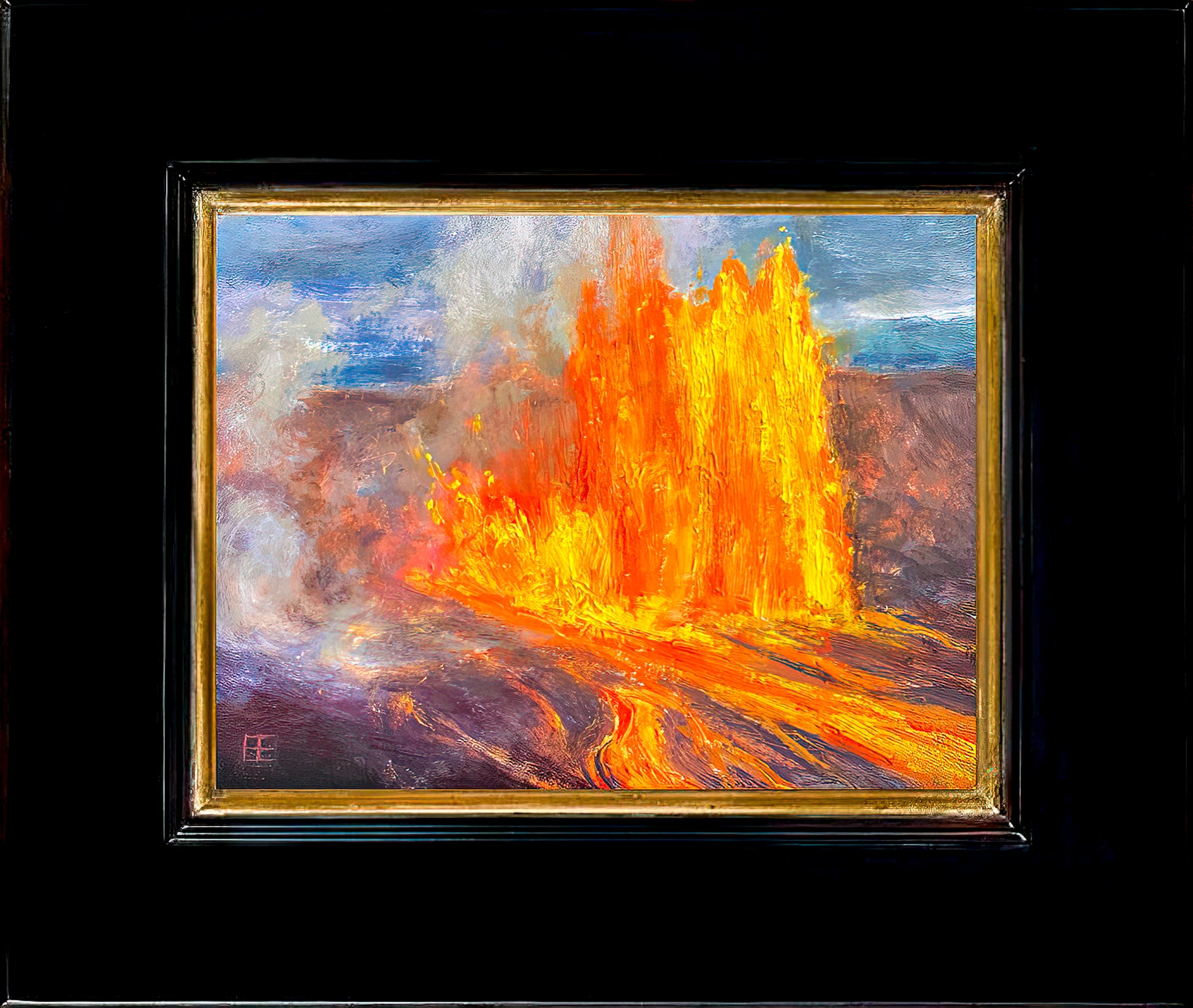 The painting is framed in a wide black wooden frame with a gold gild inner border.