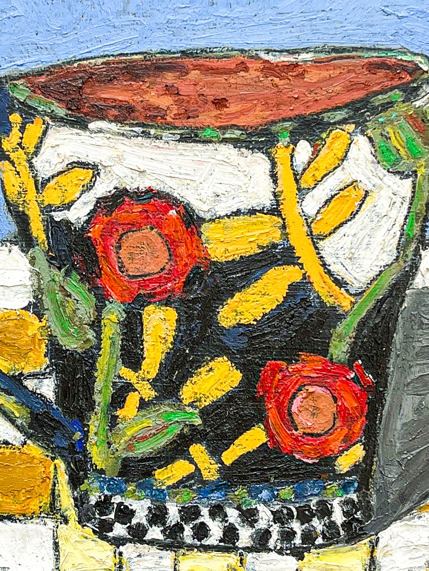 This is a close up image of the mug. It features the details of the strokes of the oil pastels.