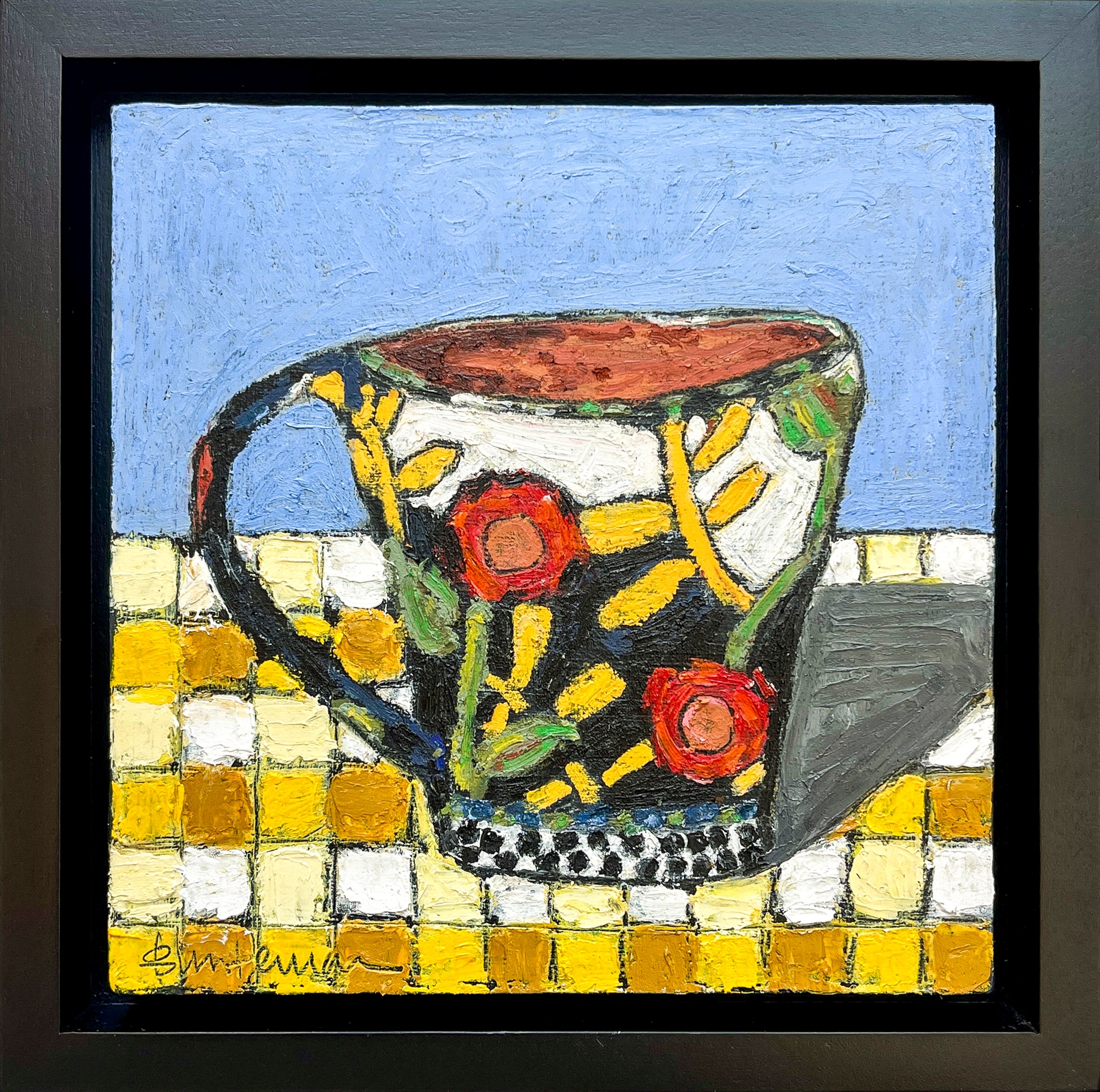 Afternoon Tea is shown on its own. A colorful mug with a floral pattern in black, red, yellows and white with a checkered base, sits on a yellow tiled counter. The background is light blue.