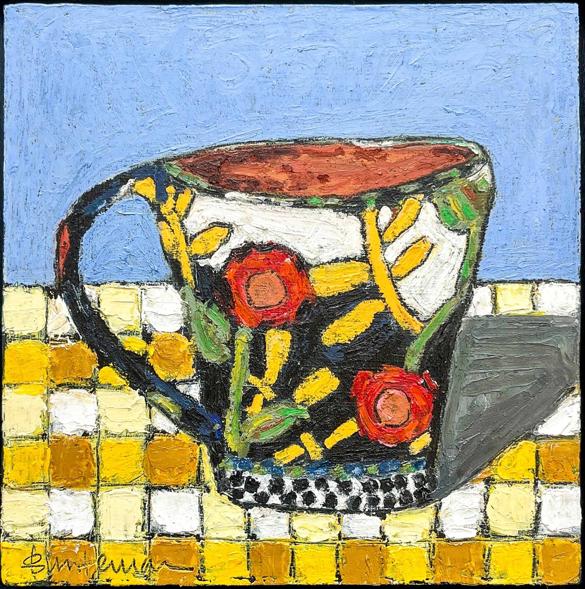 This is an unframed image of Afternoon Tea, the mug with a floral design in yellow, red, black and white. It sits on a counter comprised of various shades of yellow tiles. The wall behind is. light blue.