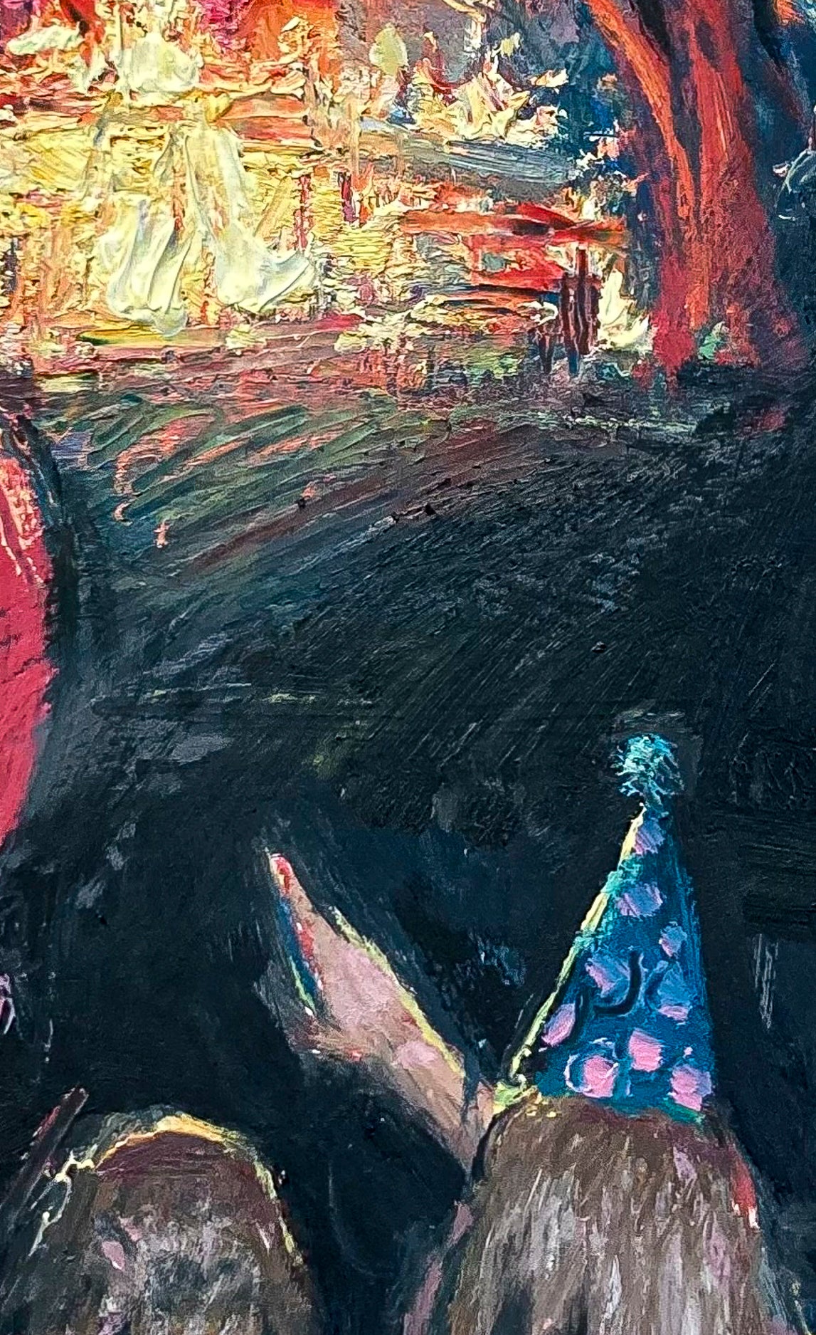 Closeup of brush strokes on impressionistic painting of girl pointing at lighted stage and wearing a party hat