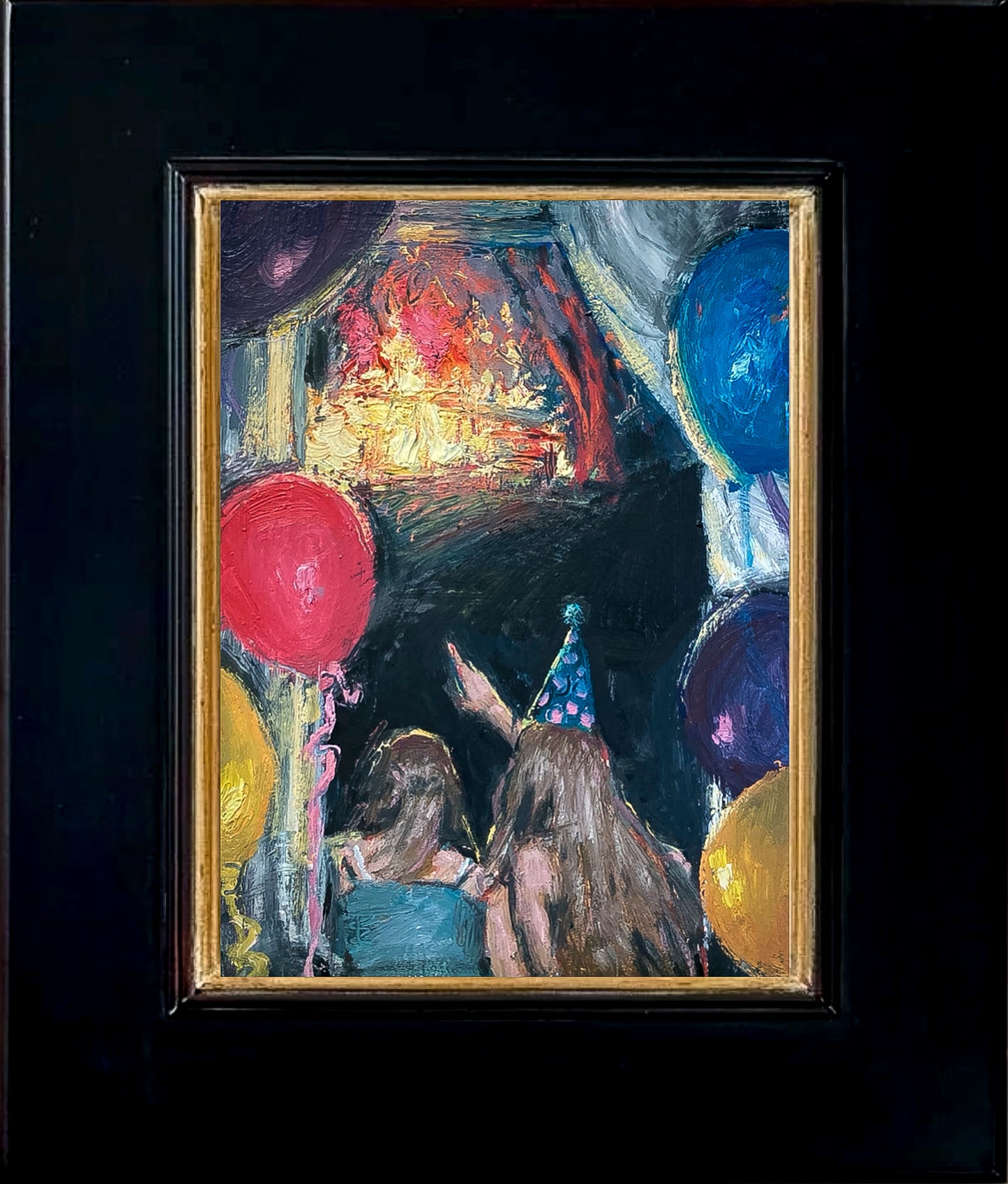 Impressionistic depiction of two people with party hats and balloons against a dark background looking and pointing at a lighted stage; shown with 2" black wood frame and gold lining