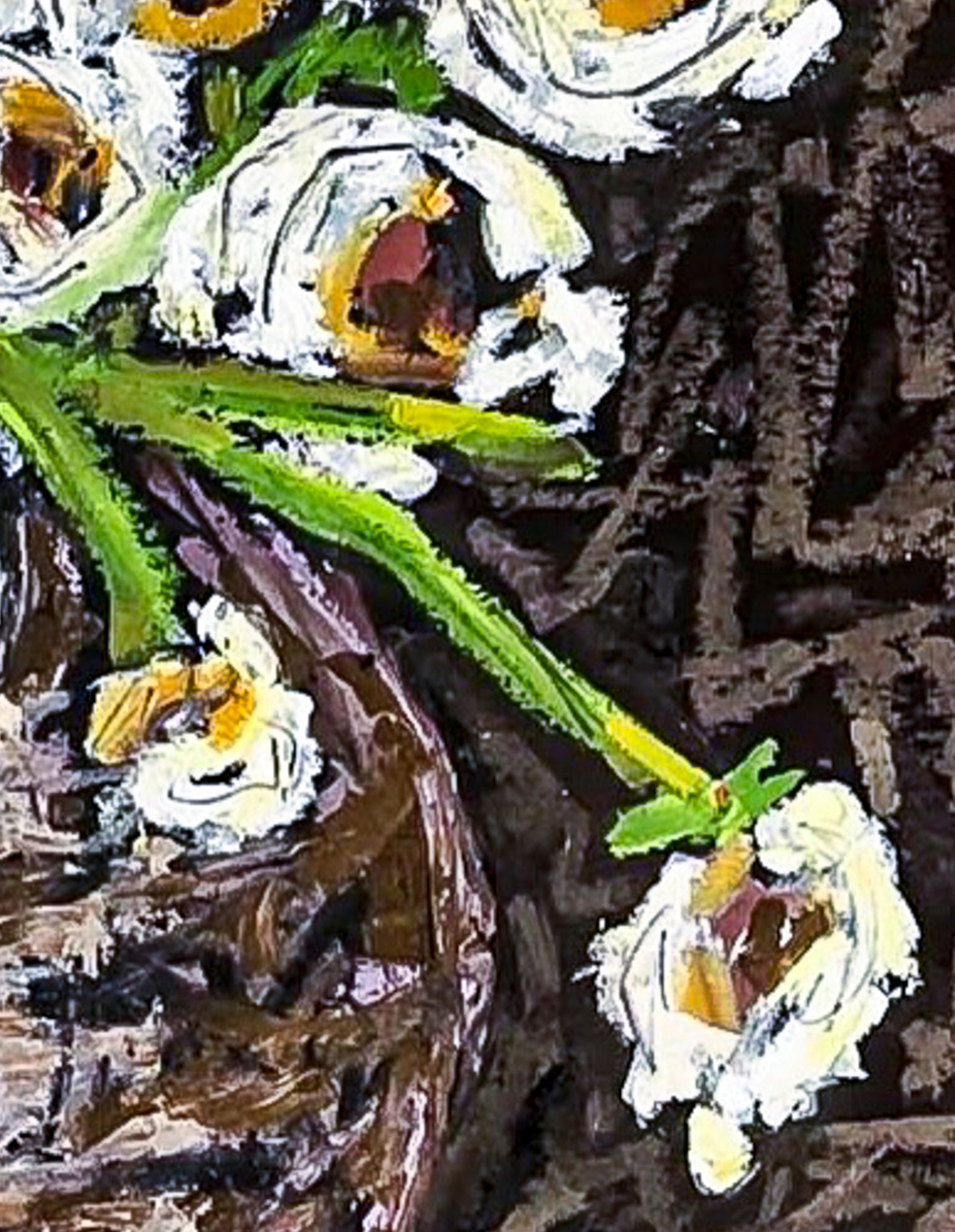 This is a close up of the flowers and the detailed strokes of color that make up the flowers, buds and centers. We also can see some of the patterned background.