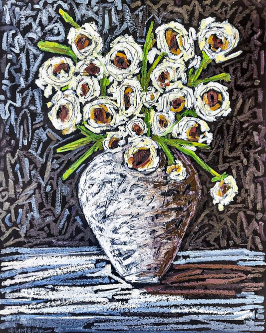 A floral still life of white flowers in a textured white vase. The background is composed of small white and tan lines in a scattered pattern. The "table" is white with a brown shadow from the light that shines on the flowers.