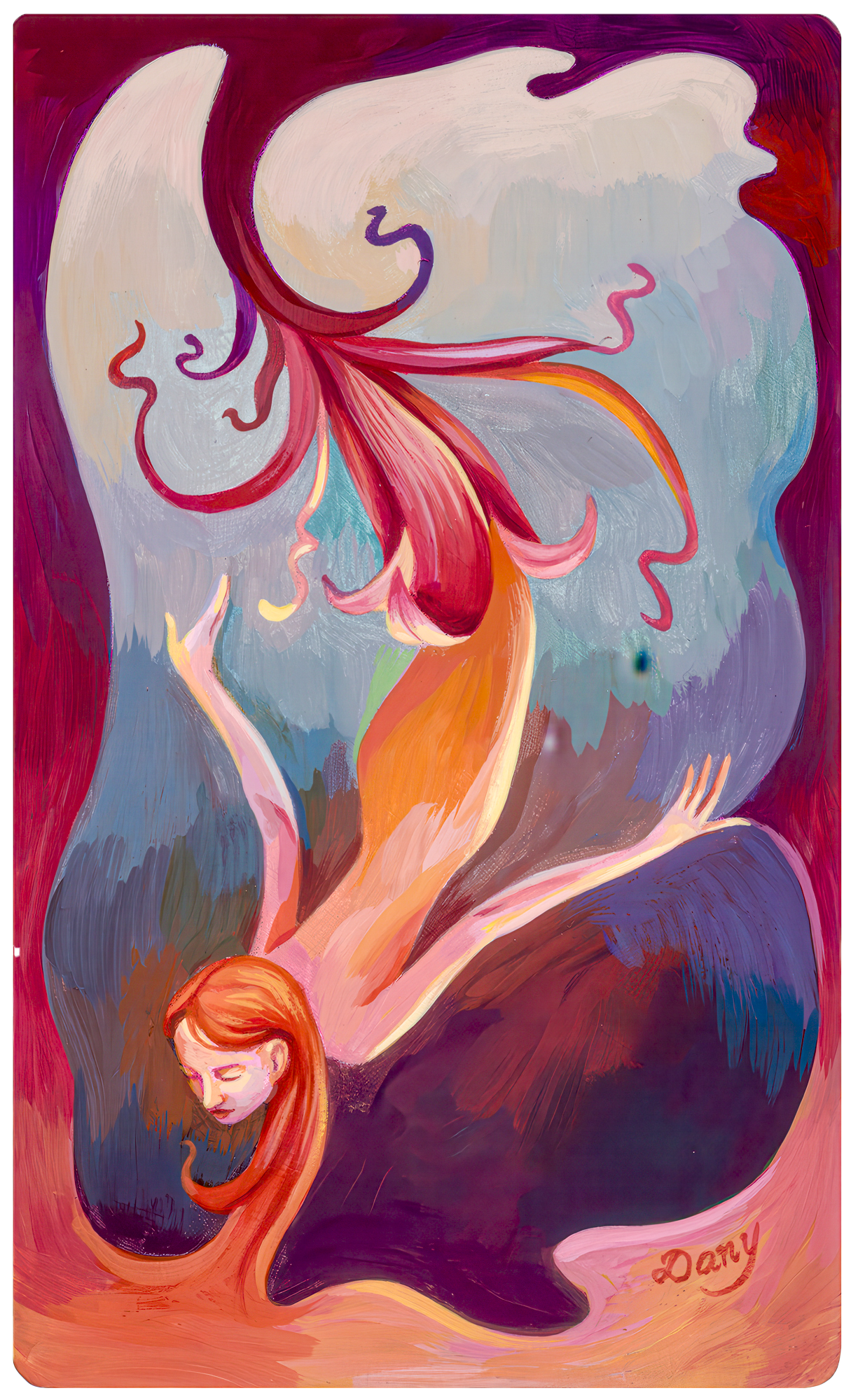 This painting depicts a woman flowing out of a pink flowering bloom. Her hair flows into the curved border of the painting. The hues are reds and oranges on blue/purple background.