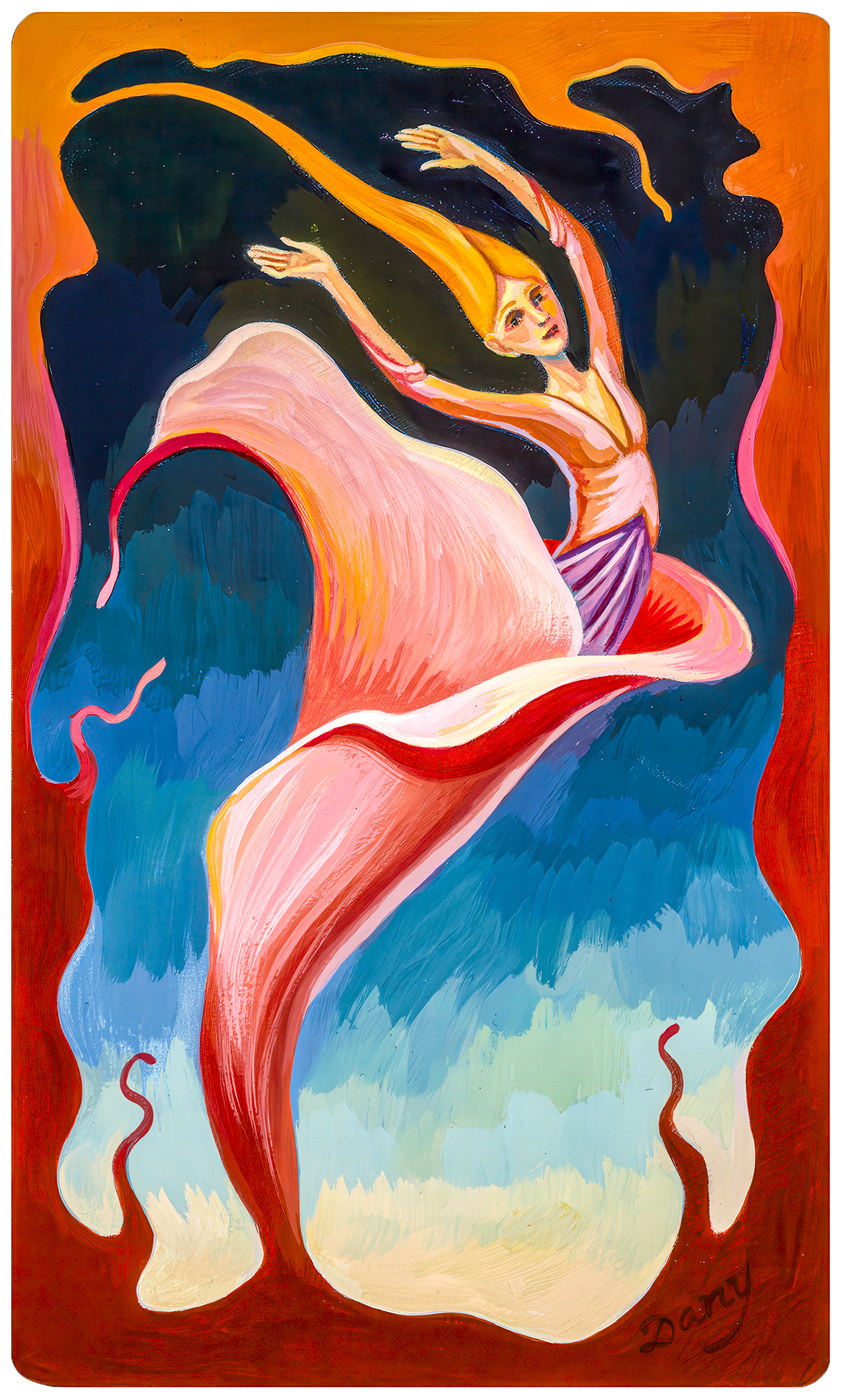 This image shows a woman flowing from a flower's bloom. She emerges stretched with her hands above her head and hair flowing. The colors are hues of oranges and reds against a blue background.