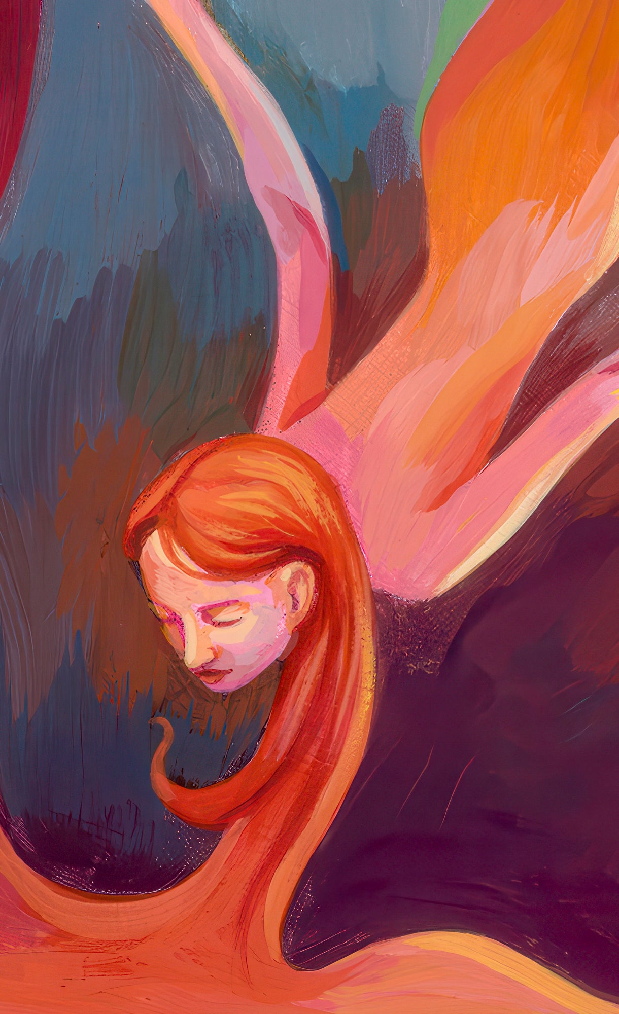 This is a close up image of the woman in Bloom II. It shows the details of the woman's torso and her flowing hair.