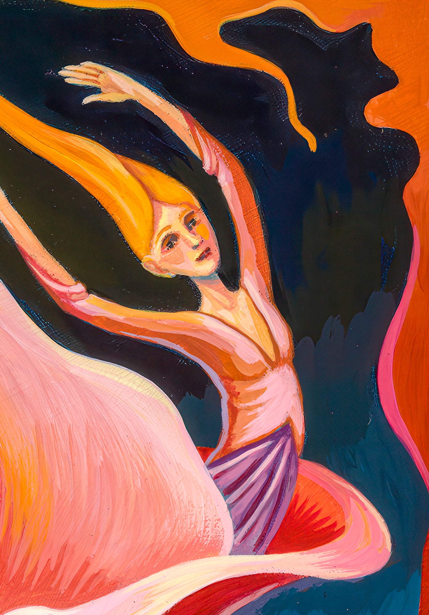 This is a closeup of the woman. Her hair is flowing as she lifts her hands above her head in graceful movement. Her hair is yellow gold, her dress pinks and oranges. The background is blue.
