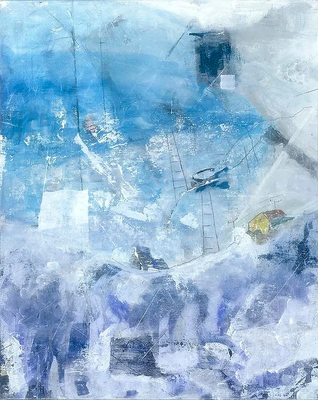 Abstract painting featuring various shades of blue, inspiration for the work comes from blue ice; artist Bob Hogue; 9"Wx12"H