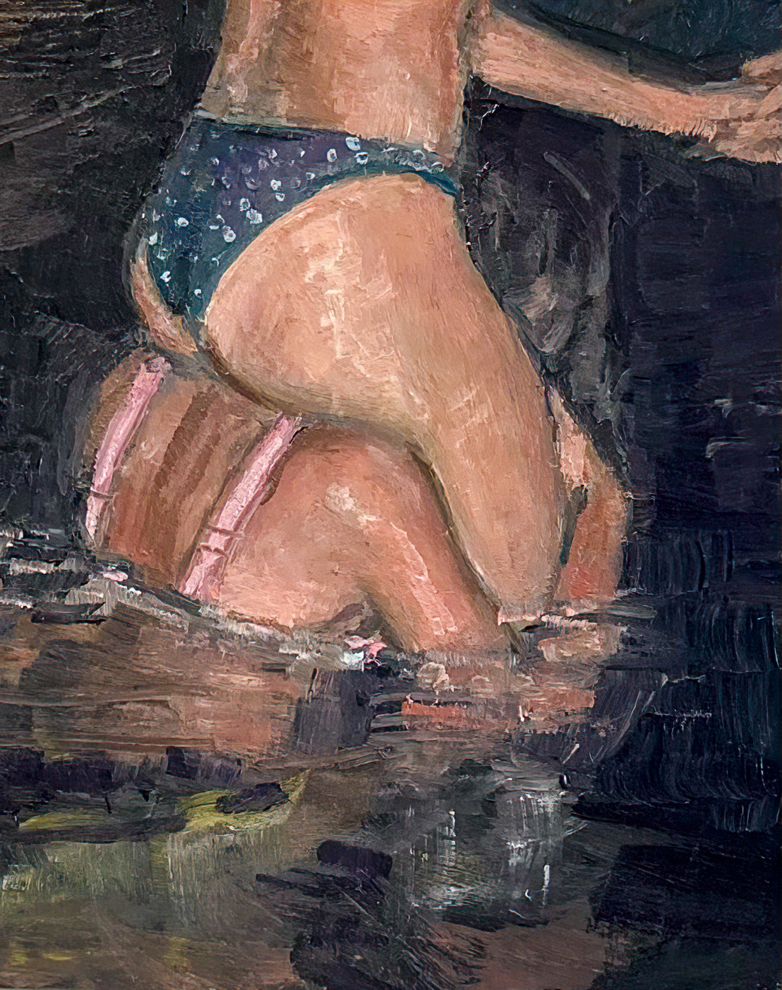 This is a close up image of the two girls. The girls sitting on the shoulders wears a blue and white dot bikini and the girl in the water has a pink strapped bathing suit top. You can see the girl grasping the hand of her opponent in a game of pool chicken.