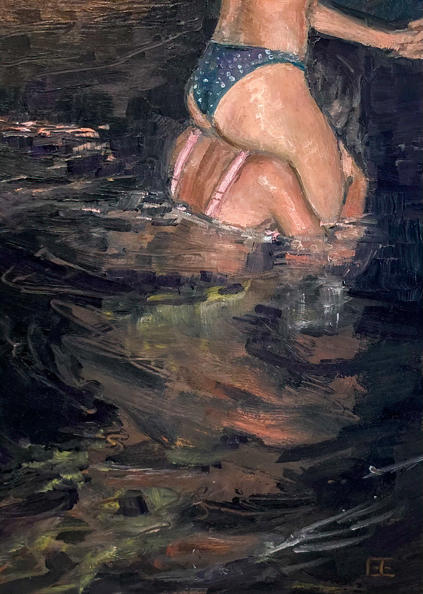 Two girls play a game of chicken in the water as one sits a top the shoulders of the other. The image is cut at the waist of the girl on the shoulders and the emphasis is on the movement and shadows in the water below.