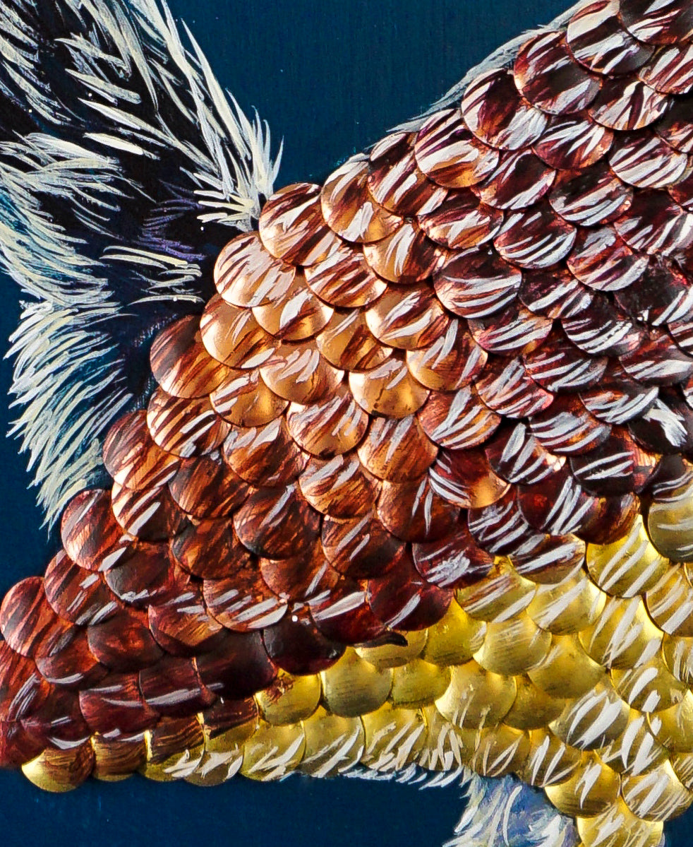 Acrylic painting of roadrunner with two shades of blue background, gold and copper leafing, clay, gold and copper thumbtacks; closeup of metal tack detail; artist Marie Lavallee; 12"Wx16"H