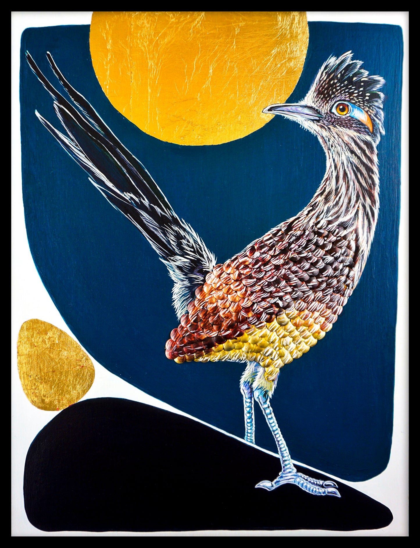 Acrylic painting of roadrunner with two shades of blue background, gold and copper leafing, clay, gold and copper thumbtacks; artist Marie Lavallee; 12"Wx16"H; w/black wood frame