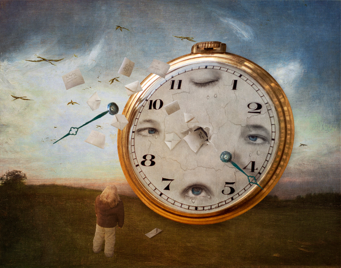 Boy looking at clock in disarray titled 'The Consequence of Secrets' by Jane Ouweleen