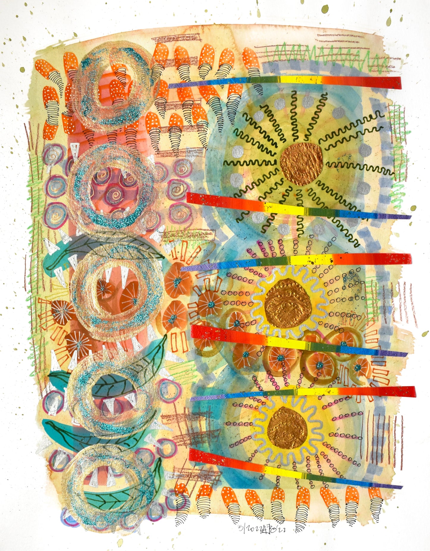 Colorful mixed media featuring numerous shapes, including zig zags, circles, lines, dots. Pen and ink; artist Jenifer Hernandez; 11"Wx14"H