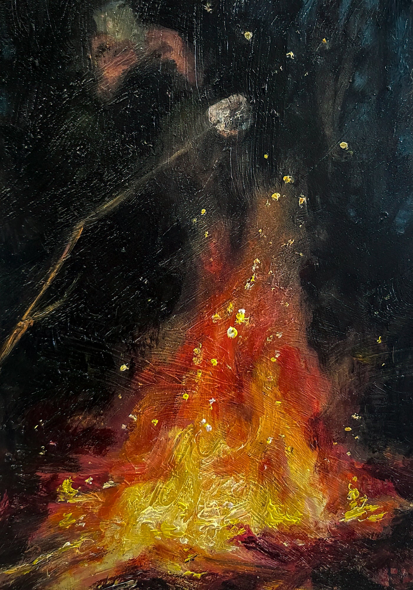 A roaring campfire, a branch holding a marshmallow roasting over the fire and a hint of a person warming by the fire is the subject of this nocturne painting.