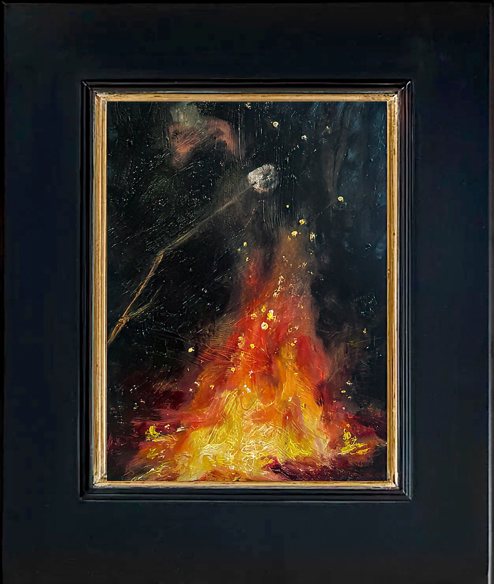 Shown here is the painting in its black wooden frame with a gold trim on the inside bordering the painting. The frame is 1.5 inches wide.