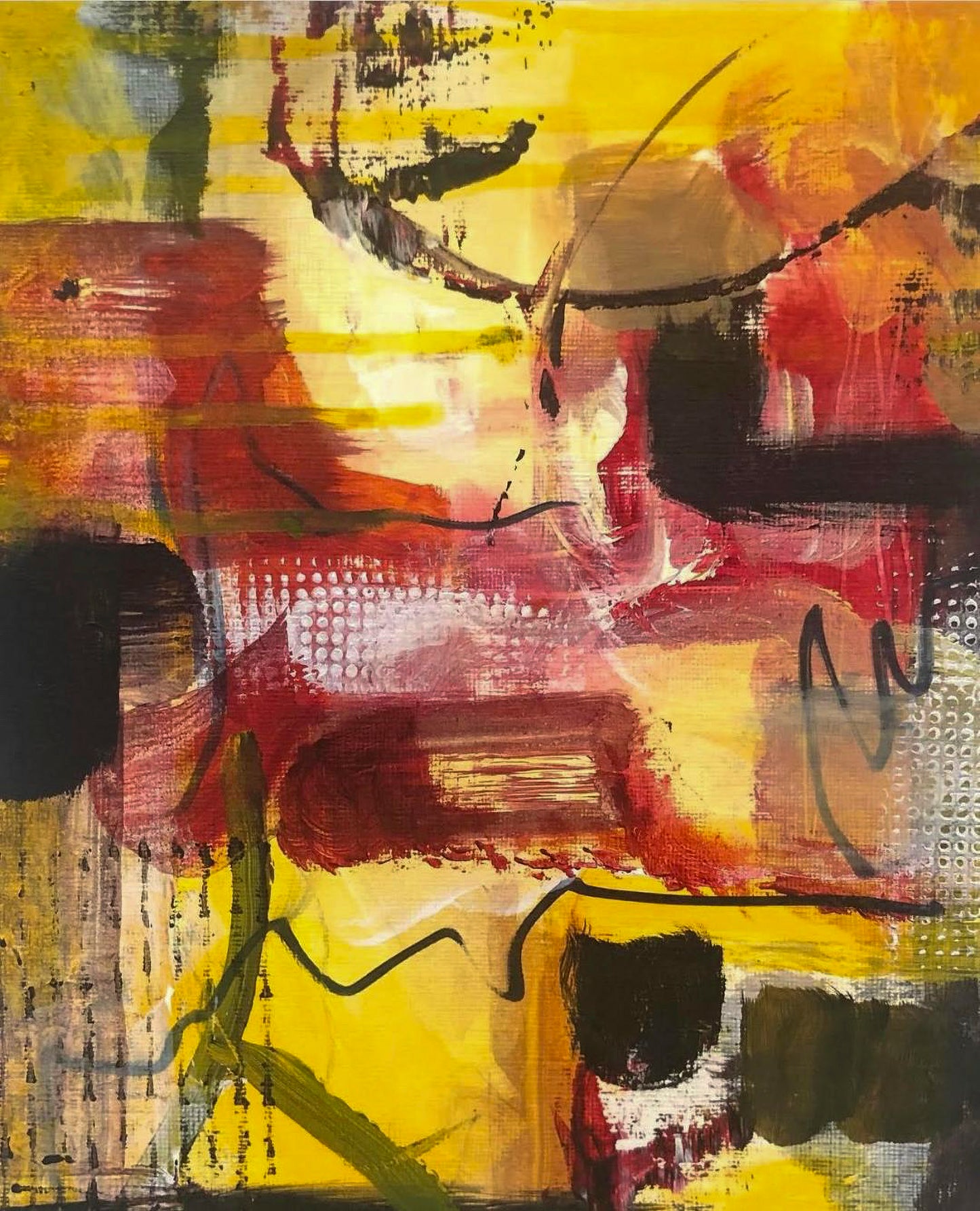 Abstract painting featuring colors of a sunrise in various shapes. Yellows, reds, oranges and greens; artist Bob Hogue; 8"Wx10"H