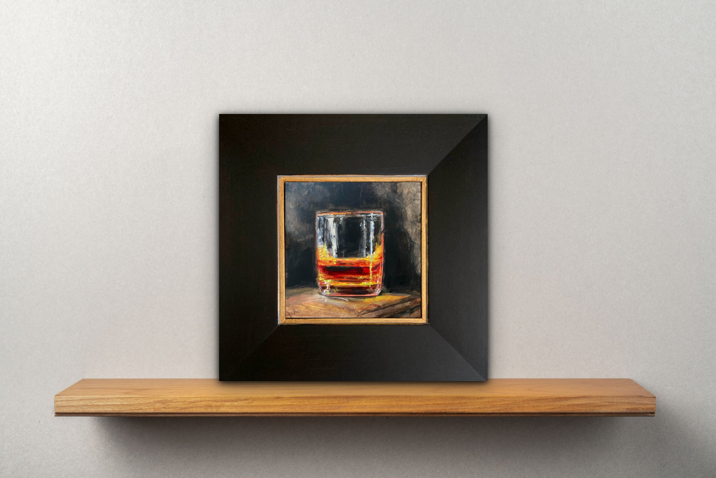 Oil painting of cocktail glass and drink by E. E. Jacks - dark background. Dark wood frame with gold trim in situ
