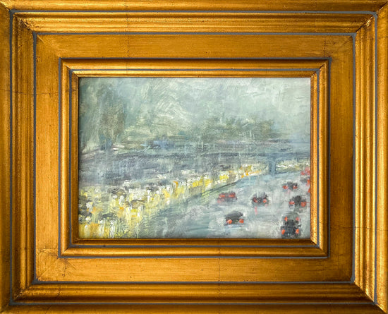 Oil on paper painting; impressionistic view of traffic w/red tail lights and headlights in mist/rain; 5