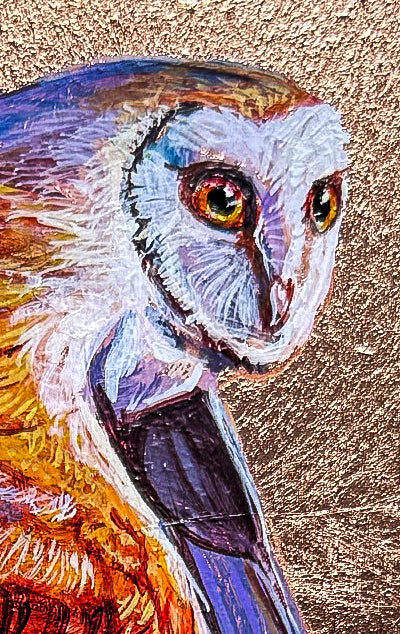 Closeup of colorful painted flying owl against copper leaf background on birch wood panel; 8"x8"; artist Marie Lavallee