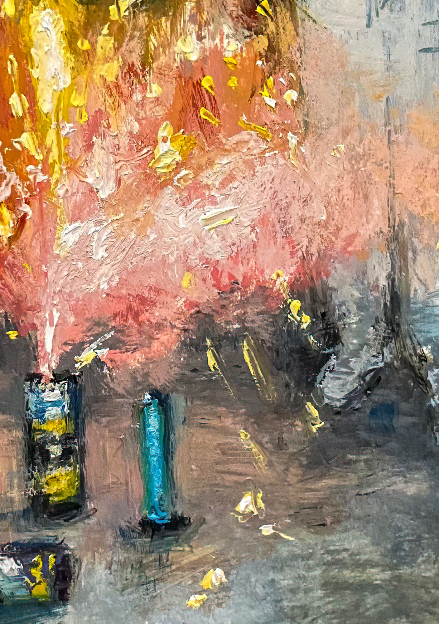 This image shows a close up of the sparks  emitting from the standing firework. It is a blend of oranges, yellows, pinks and white. We also see the sneakers of the onlooker.