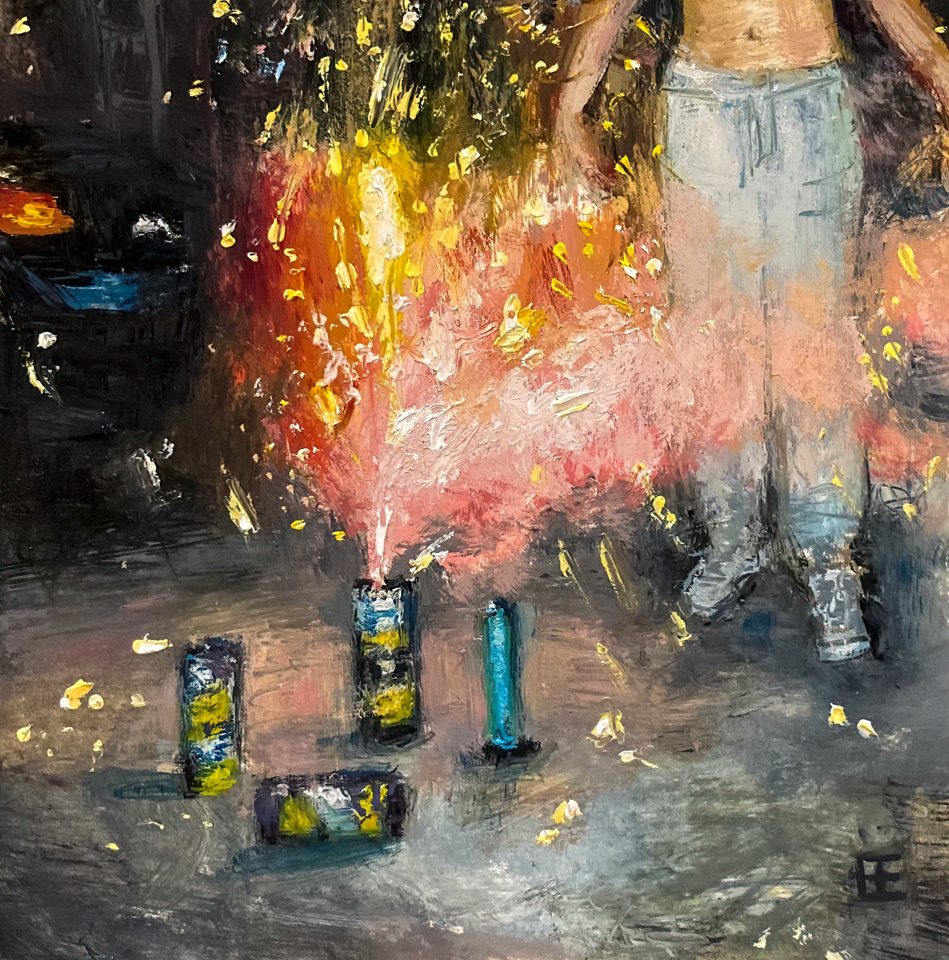 A live firework shooting flames and sparks is set next to three that have already been used. We see the bottom half of an individual standing close enough to feel the heat.