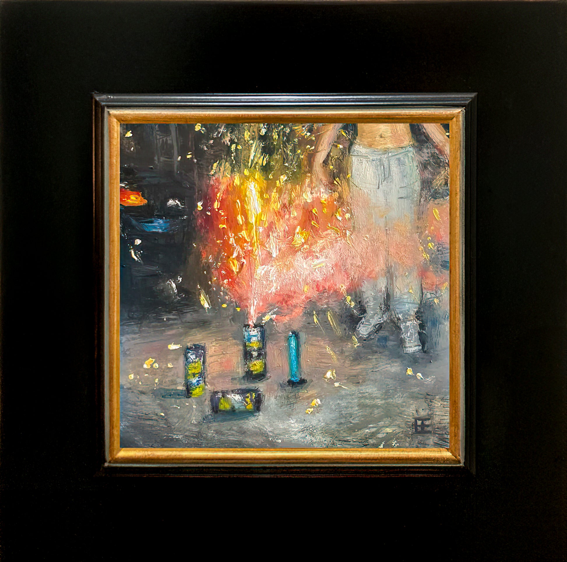 This painting comes framed in a wide black wooden frame with a gold gild inner border.