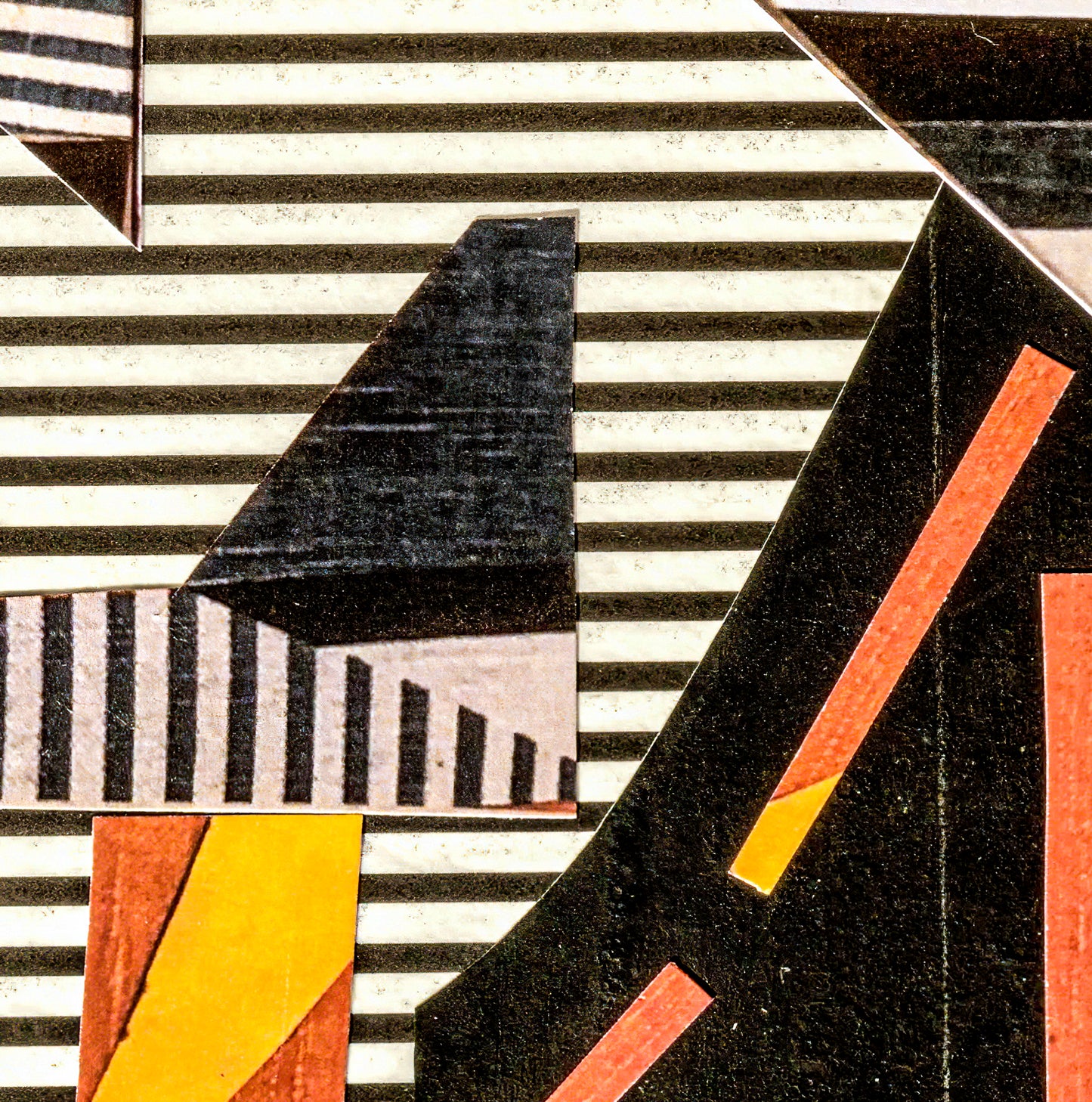 Dynamic collage with geometric shapes and stripes in black, white, orange, and yellow; Close up of image section; artist Bob Hogue