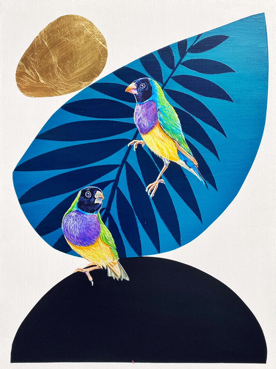 Acrylic painting of two blue, green and yellow finches are shown with a blue leaf background with black and gold leaf accents; artist Marie Lavallee; 12