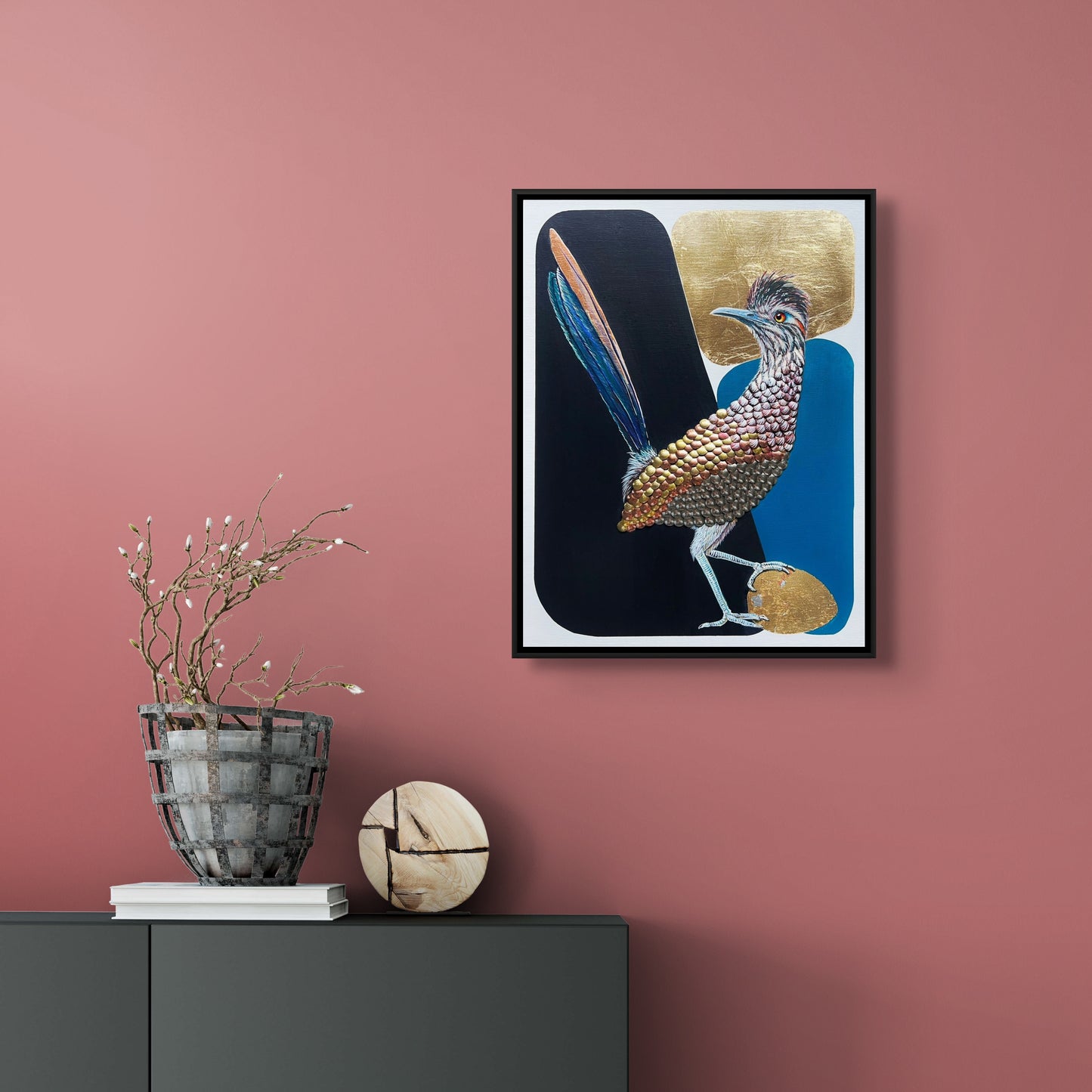 Acrylic painting of roadrunner with two shades of blue background, gold and copper leafing, clay, gold and copper thumbtacks in situ; artist Marie Lavallee; 13"Wx17"H w/frame;