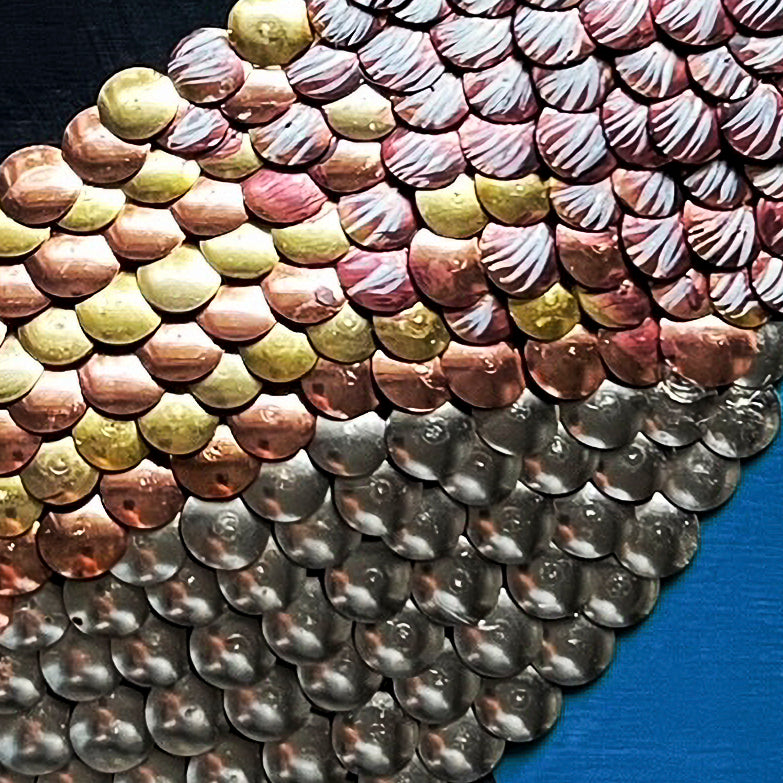 Acrylic painting of roadrunner with two shades of blue background, gold and copper leafing, clay, gold and copper thumbtacks; closeup of metal tack detail; artist Marie Lavallee; 12"Wx16"H
