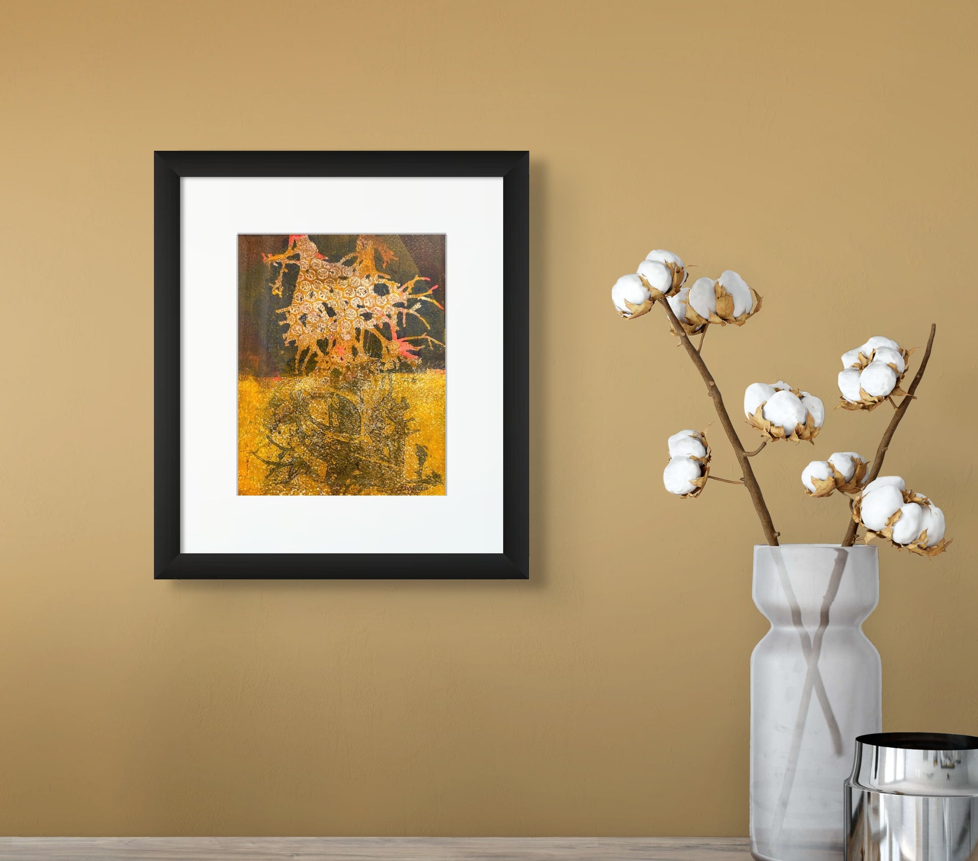Colorful original abstract image in acrylic using yellow and gold hues; 8"x10" image; artist Bob Hogue; shown in situ on wall