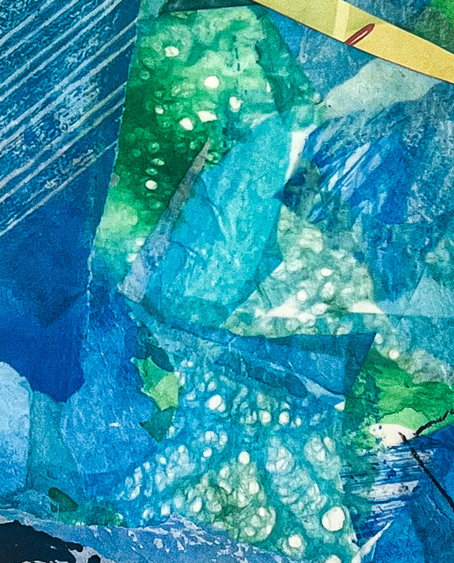 Closeup of abstract art piece with blue, green, and white colors; artist Bob Hogue