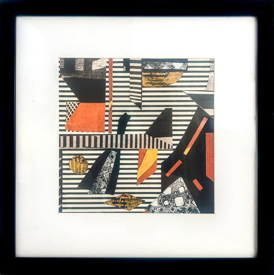 Dynamic collage with geometric shapes and stripes in black, white, orange, and yellow; artist Bob Hogue; shown with white mat and 1