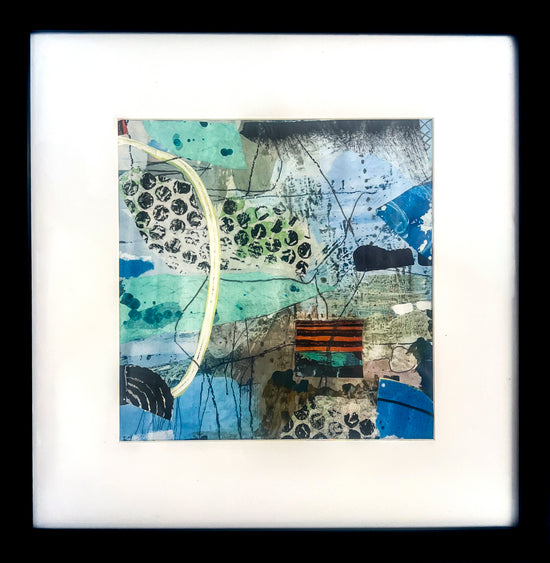 'Lasting Impressions' is a mixed media painting and collage using a blue and green palette with a patch of orange and black stripe; shown in 1