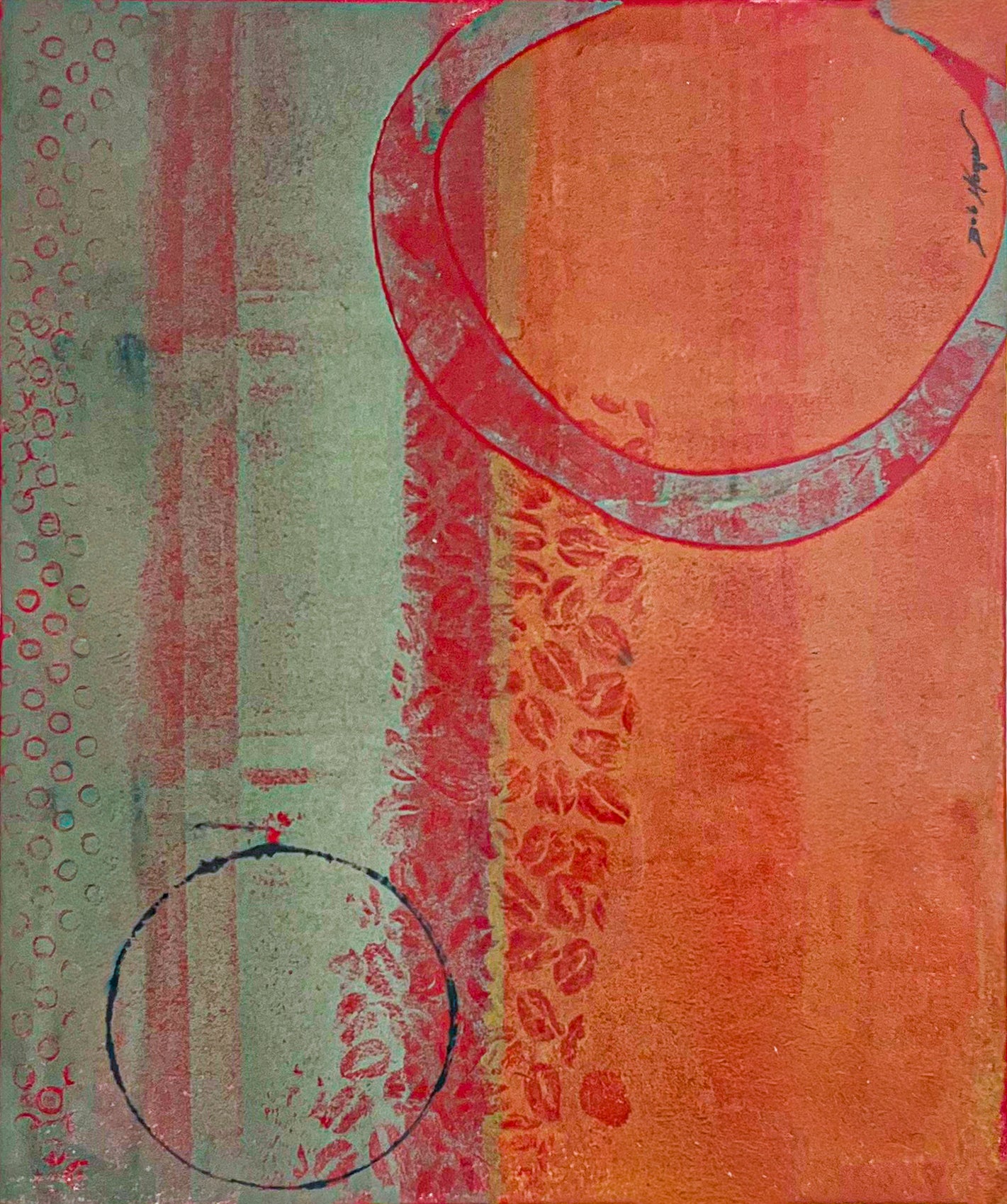 Abstract art piece with circular shapes and textured patterns using red/orange and green palette; artist Bob Hogue