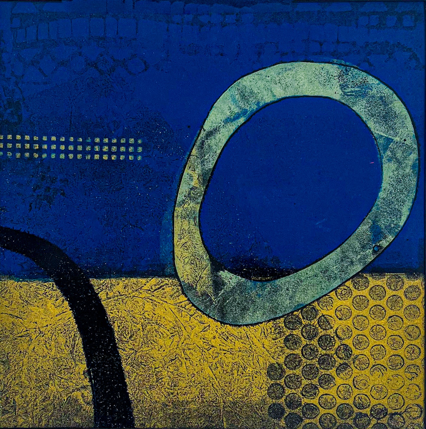 Abstract art piece with blue and yellow background and black textured elements; artist Bob Hogue