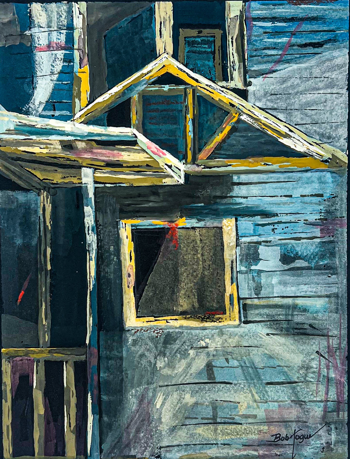 Abstract painting using suggestions of a structure, window, wood boards, railing; palette of blues with yellow highlights; artist Bob Hogue;