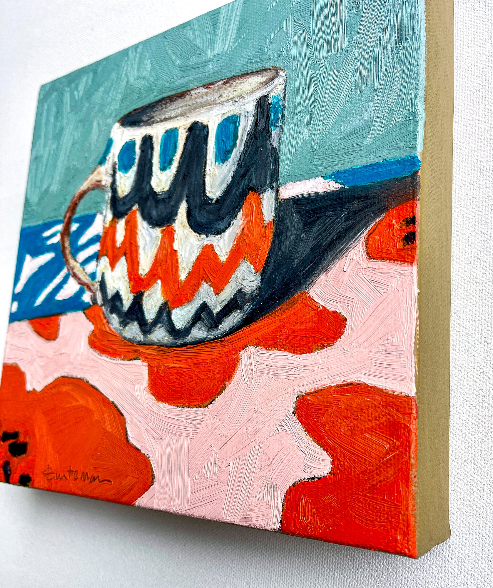 This side image shows that the painting is on a panel board with painted sides. No frame needed, ready to hang.