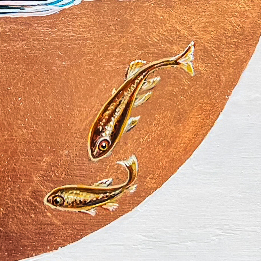 Waterfowl on a copper leaf background with blue sky accent. Two small fish swim nearby; closeup of fish detail; artist Marie Lavallee; 12"x12"