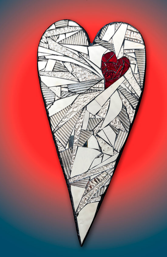 Heart-shaped mosaic made of mirrored-glass pieces with red mirror heart shape inside by Denise Marshall - title 'All Heart!'