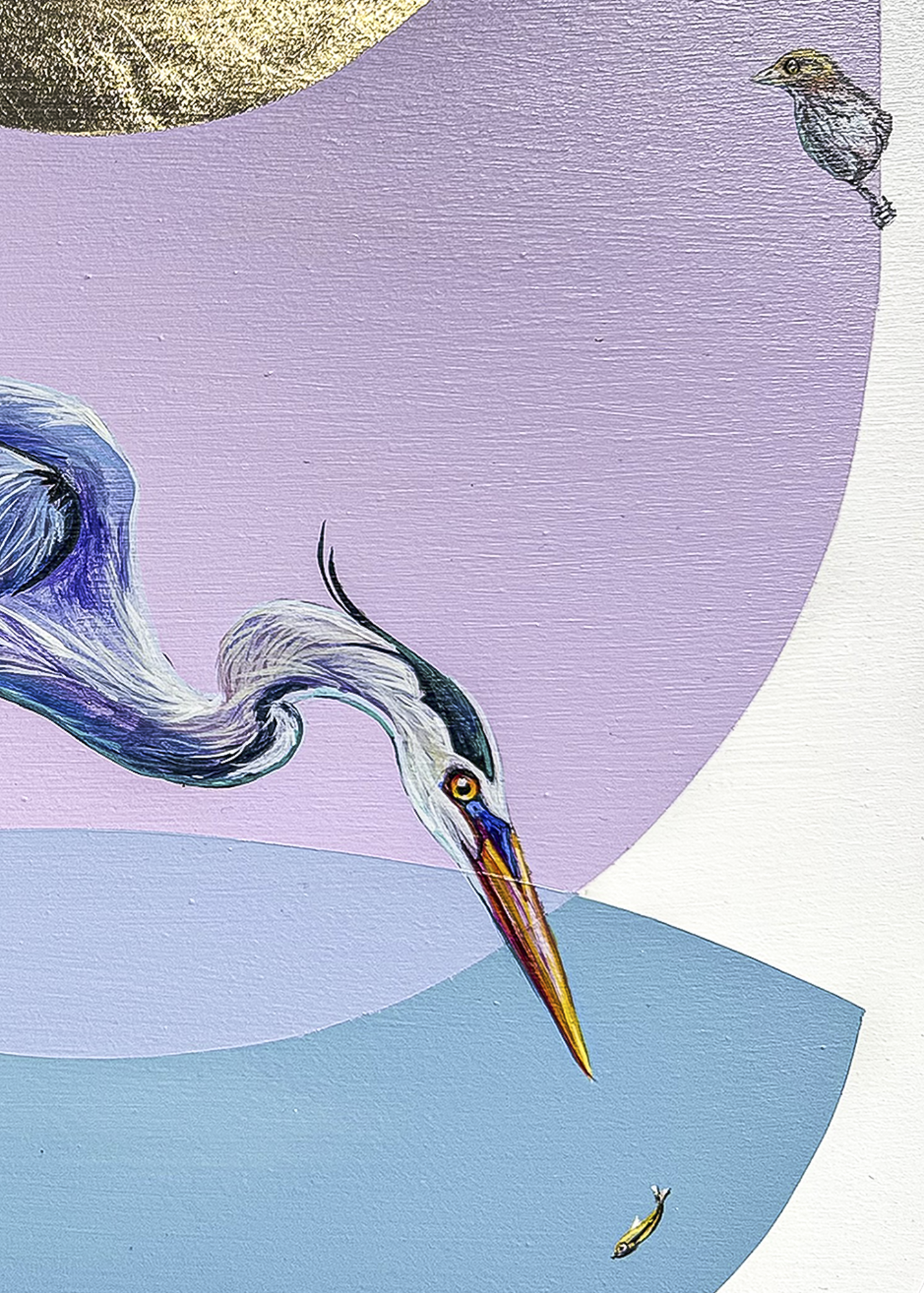 This close up image shows the heron's beak drawing in on the small fish. The bird in the right corner is just inside the lavender block. A portion of the gold leaf circle is also shown.