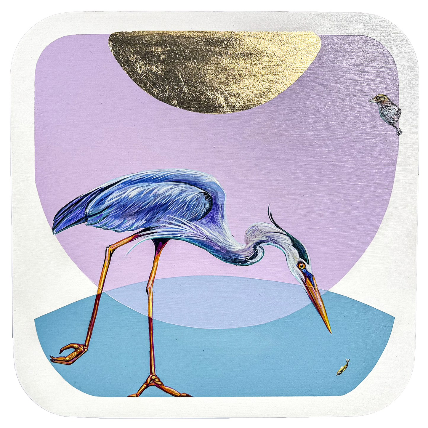 A blue heron dives for a small fish while a small bird watches from above. The background is comprised of blocks of color, lilac, teal and gold leaf.